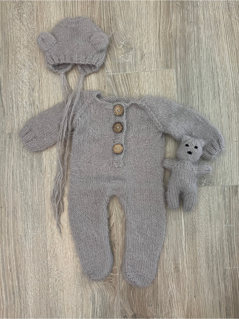 Soft Knit Gray Baby One-Piece with Bear Hat and Toy for Newborn
